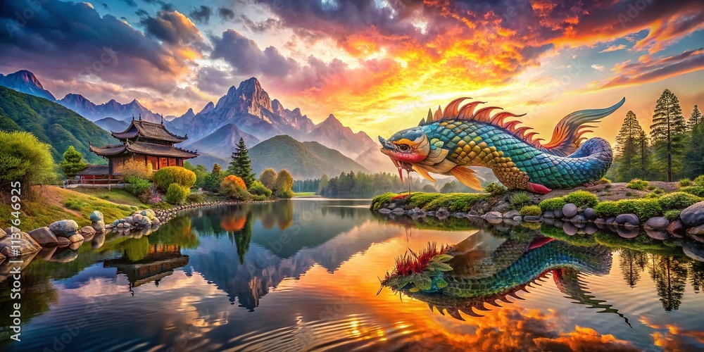Obraz premium Koi Fish and Dragon Tattoo Landscape Photography: Serene Asian Ink Art
