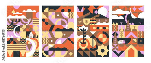 Design of geometric posters of rural nature set. Abstract countryside landscape, stylized farm sceneries in cubist style. Modern interior decoration, contemporary wall art. Flat vector illustrations