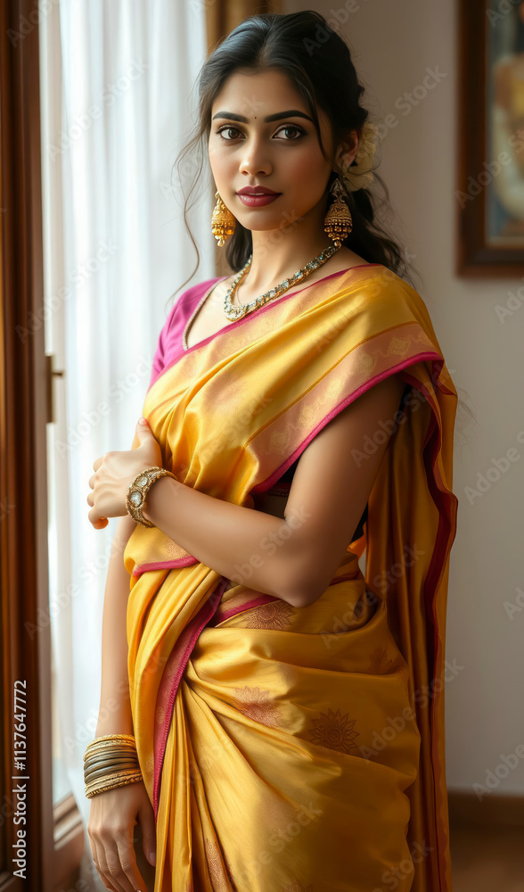 Elegant Indian bride in a luxurious saree, styled with classic jewelry, showcasing cultural elegance, beauty, and charm with a captivating and warm smile. Elegant Indian bride in a luxurious saree, styled with classic jewelry, showcasing cultural elegance, beauty, and charm with a captivating and warm smile.