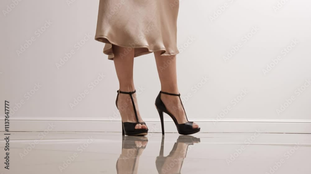 A model walks gracefully across a polished floor, highlighting stylish black high-heeled shoe