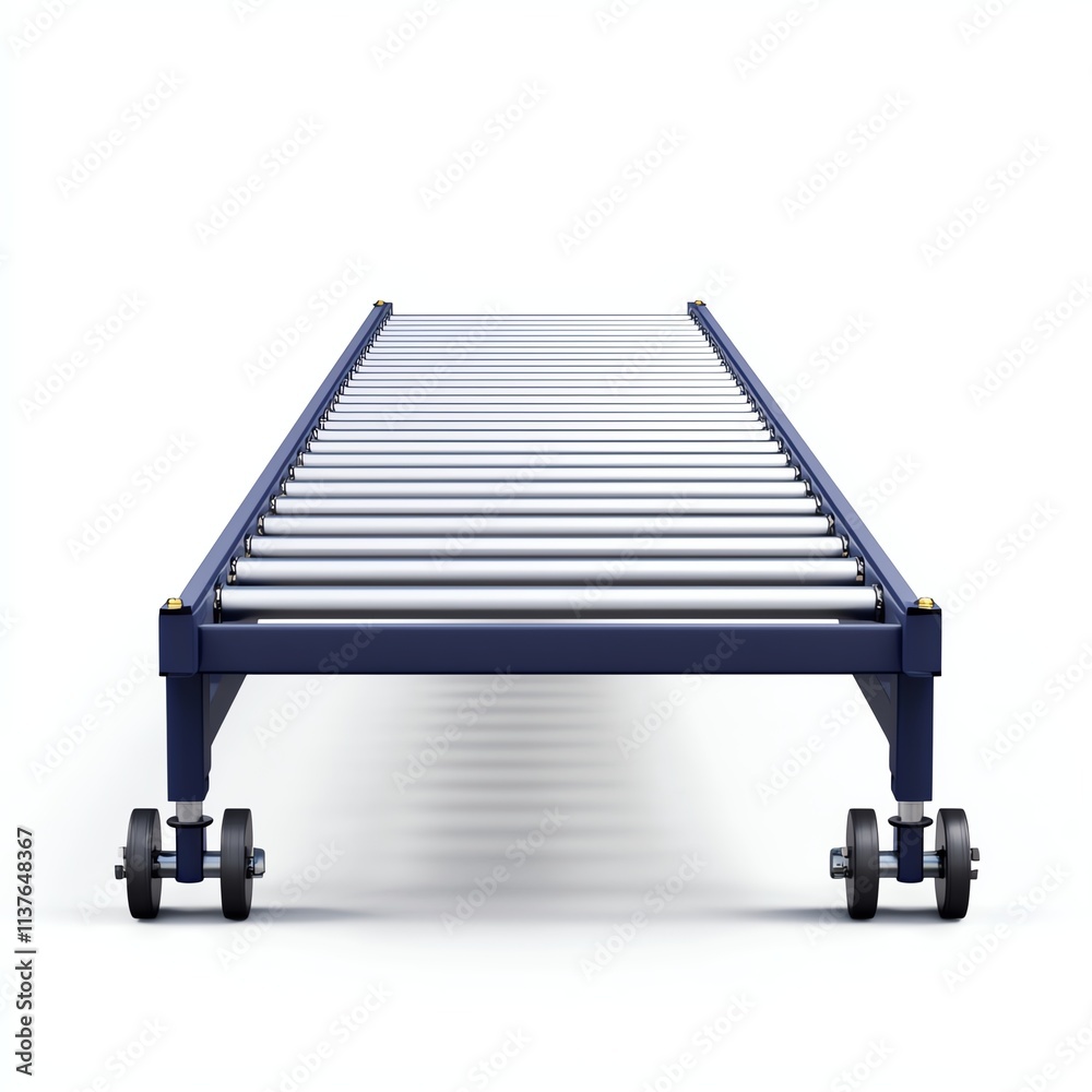 A blue roller conveyor system with multiple cylindrical rollers on a sturdy frame, designed for efficient transport of goods.