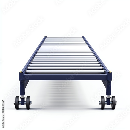 Obraz na płótnie A blue roller conveyor system with multiple cylindrical rollers on a sturdy frame, designed for efficient transport of goods. w salonie