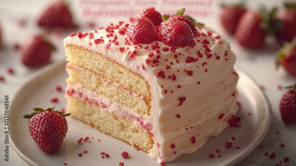Slice of Vanilla Cake Topped with Fresh Strawberries and Crumbs Slice of Vanilla Cake Topped with Fresh Strawberries and Crumbs