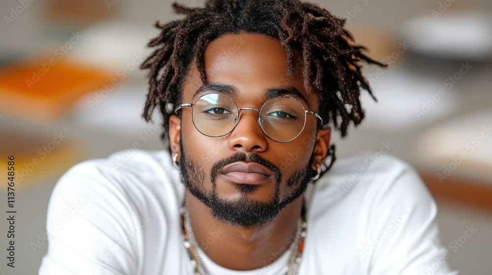 Fototapeta premium A young man is confidently posing in a stylish indoor space. He has dreadlocks and wears glasses, showcasing a modern and relaxed fashion sense