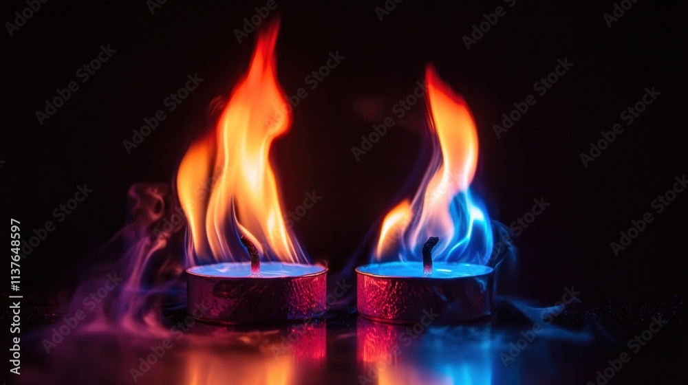 Two tealight candles with vibrant orange and blue flames against a black background. Two tealight candles with vibrant orange and blue flames against a black background.