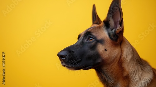 Belgian Malinois dog portrait on yellow background.