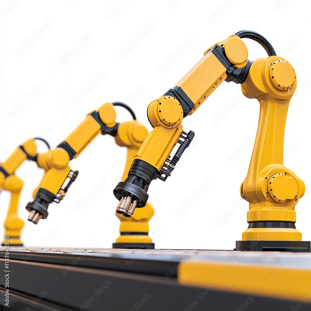 A series of yellow robotic arms are positioned along a production line, showcasing automation in manufacturing. A series of yellow robotic arms are positioned along a production line, showcasing automation in manufacturing.