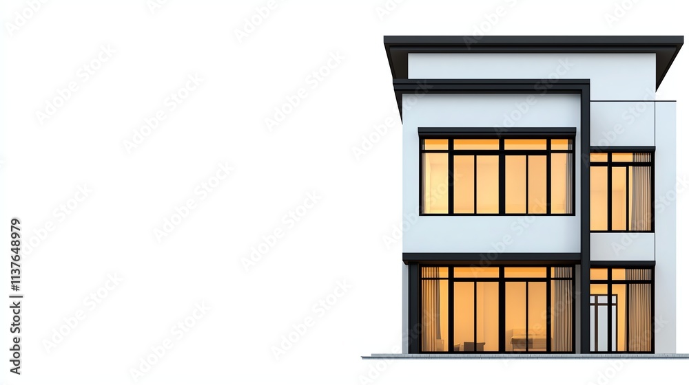 A modern two-story building with large windows and a sleek design, showcasing a minimalist aesthetic and warm lighting. A modern two-story building with large windows and a sleek design, showcasing a minimalist aesthetic and warm lighting.