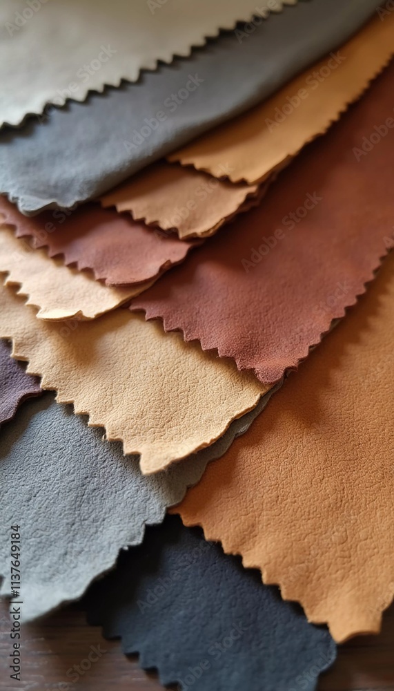 Fototapeta premium A collection of genuine pigskin leather samples showcases a variety of colors, including shades of orange, gold, brown, and black. Each piece displays unique textures and finishes. Generative AI