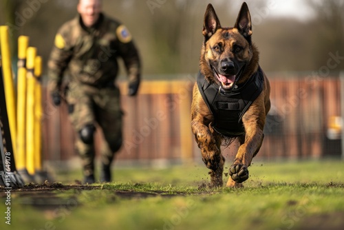 A military dog in action running towards its handler in a training environment. The bond between canine and human is evident in this intense moment captured. Generative AI photo