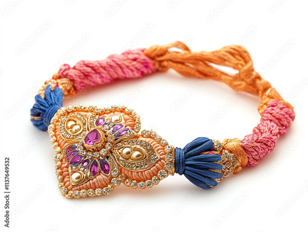 Fototapeta premium Colorful braided thread bracelet with an ornate gold pendant featuring pink and white gemstones.