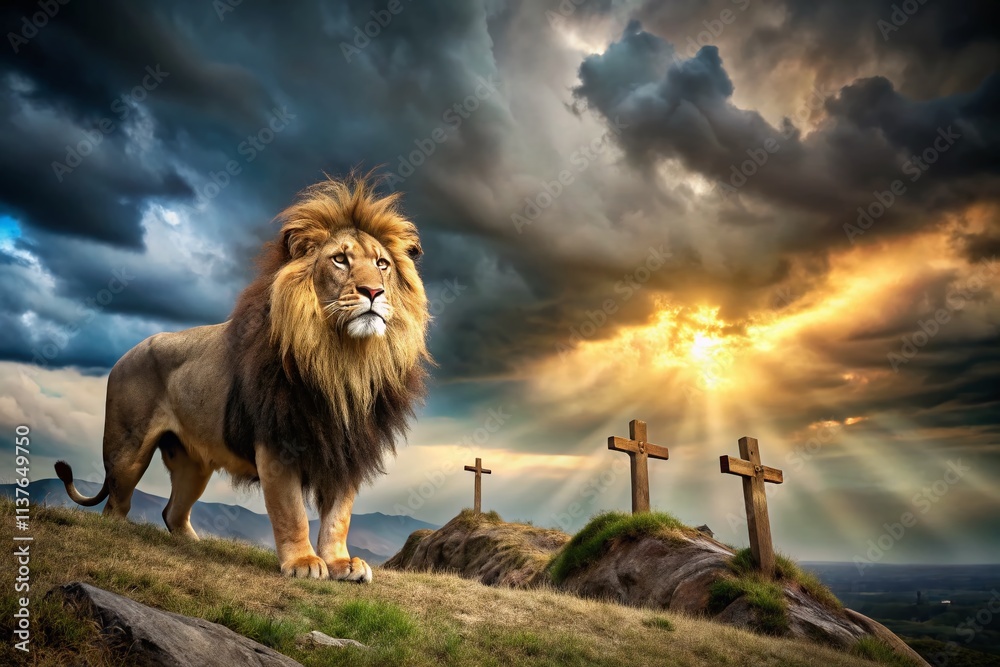 Fototapeta premium Lion, Storm, Crosses: Faith in the Face of Adversity - Dramatic Wildlife Photography