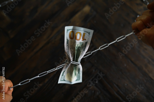 Tightened Hundred Dollar Bill on Chain - Financial Constraint and Economic Pressure Concept