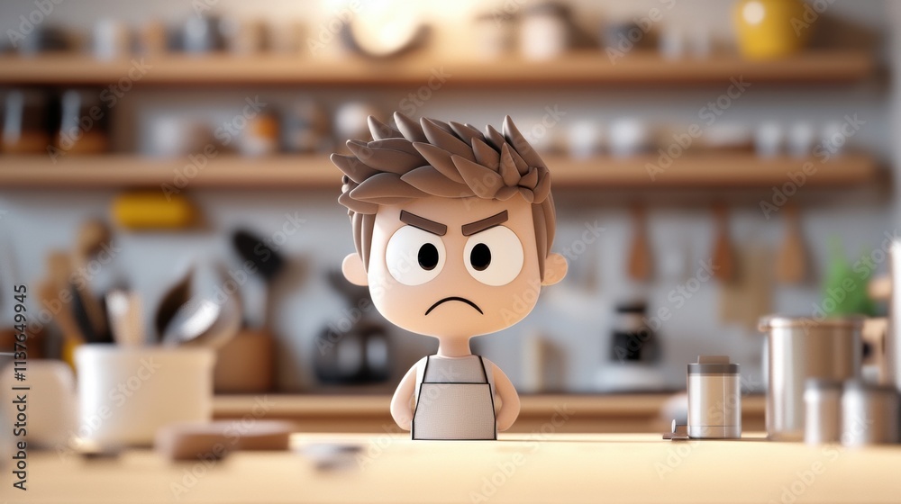 Frustrated chef character in a kitchen animated short modern home environment close-up view culinary creativity Frustrated chef character in a kitchen animated short modern home environment close-up view culinary creativity