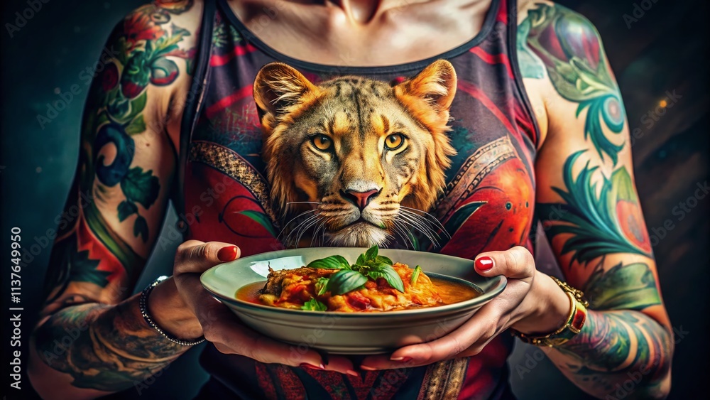 Naklejka premium Lioness Hand Tattoo Food Photography: Delicious Dishes & Wild Ink