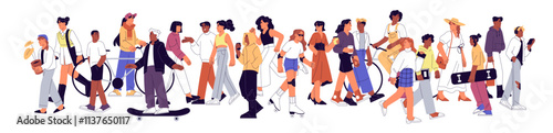 City life concept. Crowd walks on urban streets. Diverse people stroll, communicate on the go. Lots of men, women cycling, carry skateboards, coffee outdoor. Flat isolated vector illustration on white