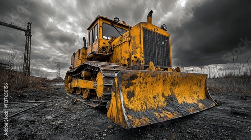 A powerful yellow bulldozer stands idle at a construction site, showcasing strength and durability. The machine is set against a dramatic cloudy sky, symbolizing industrial power 