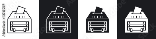 Money counting machine icons collection in black filled and line style.