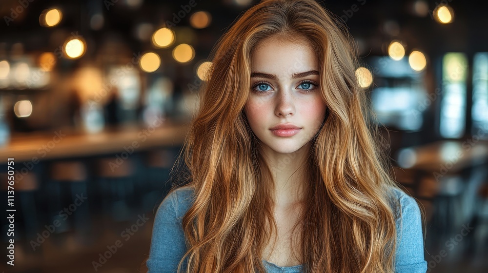 A young woman stands confidently in a bustling cafe, featuring long flowing hair and captivating blue eyes. The warm lighting creates a vibrant and inviting atmosphere