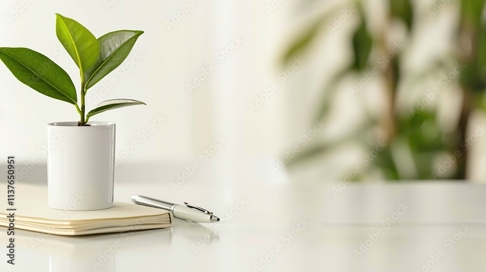 Healthy green plant on white table with small notebook and pen, symbolizing health advice and wellness tips, clean and focused image with copy space for text. Healthy green plant on white table with small notebook and pen, symbolizing health advice and wellness tips, clean and focused image with copy space for text.