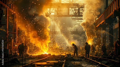 Workers in Industrial Scene with Sparks and Smoke in Factory Setting