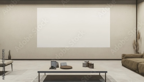 Sophisticated home interior with a blank tableau, sofa, and centerpiece table arranged for exhibition. photo