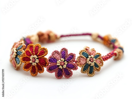 Colorful flower bracelet made of string with beads. photo