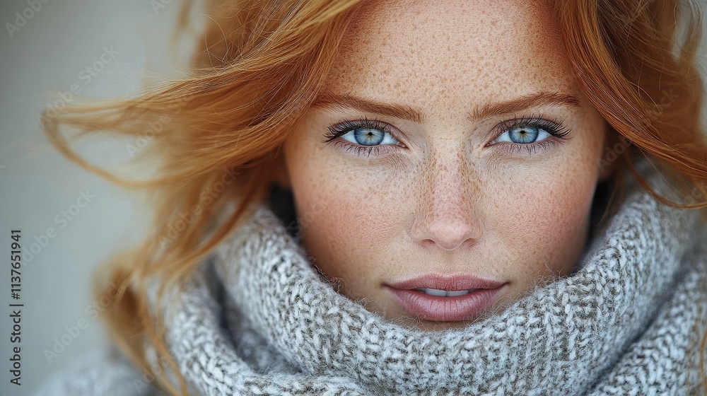 A woman showcases her vibrant red hair and striking blue eyes while wrapped in a soft, knitted scarf. The background highlights a serene, natural environment