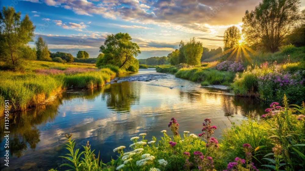 Serene Rural Landscape at Dawn: Hand-Drawn Sketch and Watercolor Illustration of a Tranquil River Flowing Through Picturesque Fields and Lush Greenery Serene Rural Landscape at Dawn: Hand-Drawn Sketch and Watercolor Illustration of a Tranquil River Flowing Through Picturesque Fields and Lush Greenery