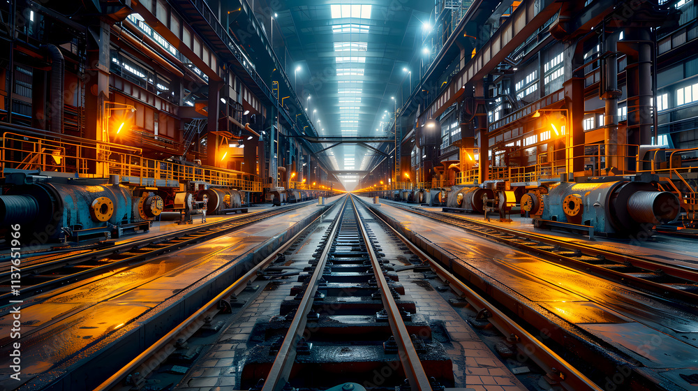 Industrial Warehouse with Steel Rails and Dim Lighting Atmosphere Industrial Warehouse with Steel Rails and Dim Lighting Atmosphere