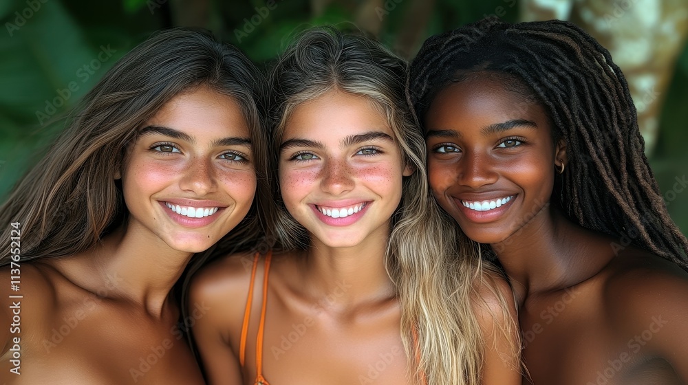 Three young women with different hair styles are smiling while posing together outdoors. They are enjoying a sunny day surrounded by lush greenery, radiating happiness and friendship Three young women with different hair styles are smiling while posing together outdoors. They are enjoying a sunny day surrounded by lush greenery, radiating happiness and friendship