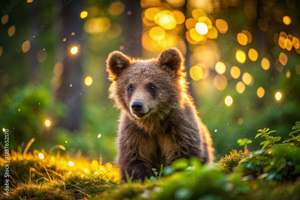 Fototapeta premium Long Exposure Cub Bear Photos: Adorable Wildlife Photography, Nighttime Forest Scenes, Blurred Motion, Baby Bear Images, Nature Photography