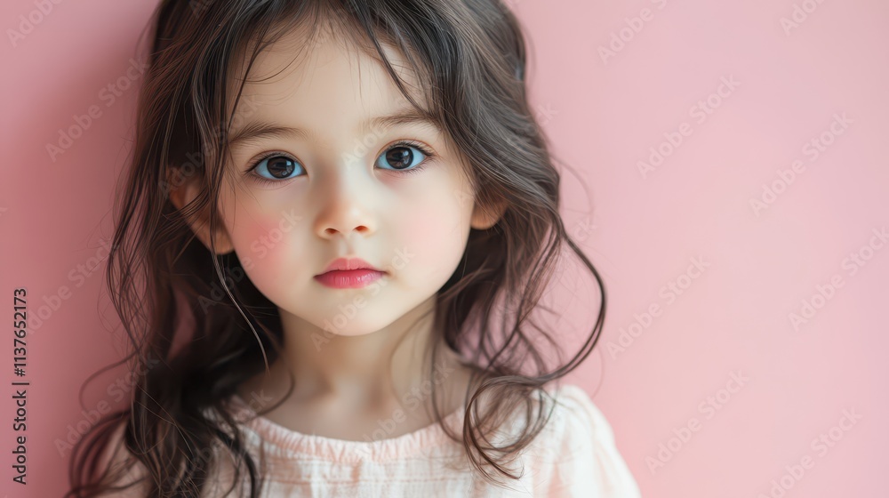 Portrait of Cute Sad Child Girl Over Pastel Pink Background with Copy Space Portrait of Cute Sad Child Girl Over Pastel Pink Background with Copy Space