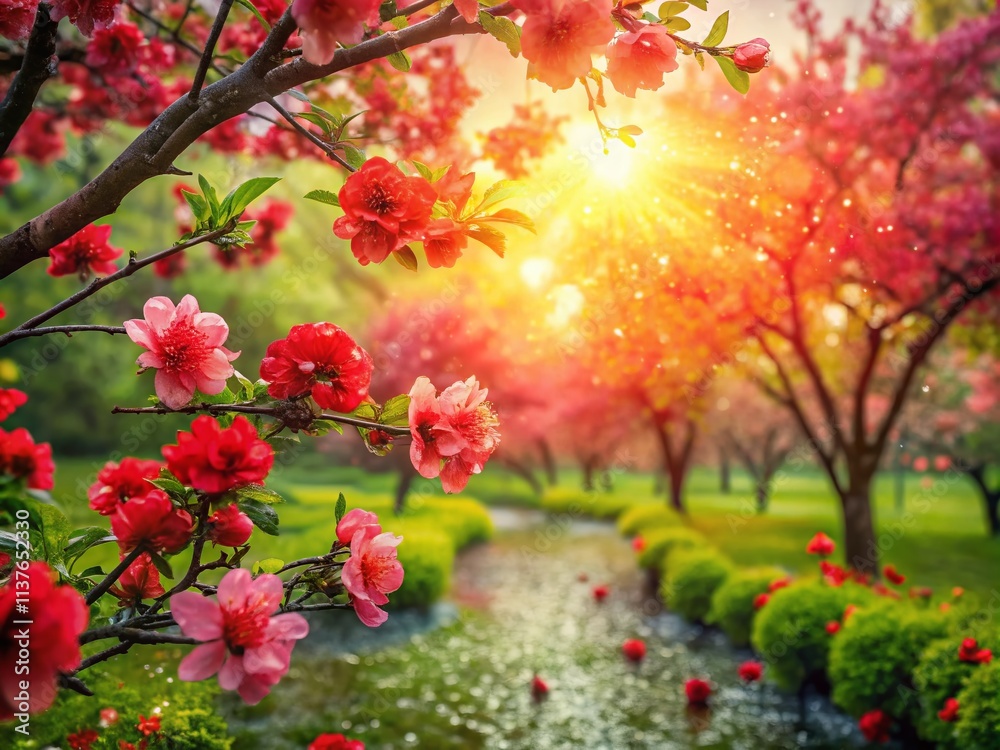 Serene Spring Garden: Vibrant Red Blossoms in Soft Sunlight - Landscape Photography Serene Spring Garden: Vibrant Red Blossoms in Soft Sunlight - Landscape Photography
