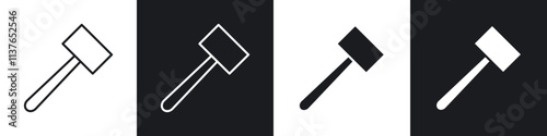 Wooden mallet icons collection in black filled and line style.