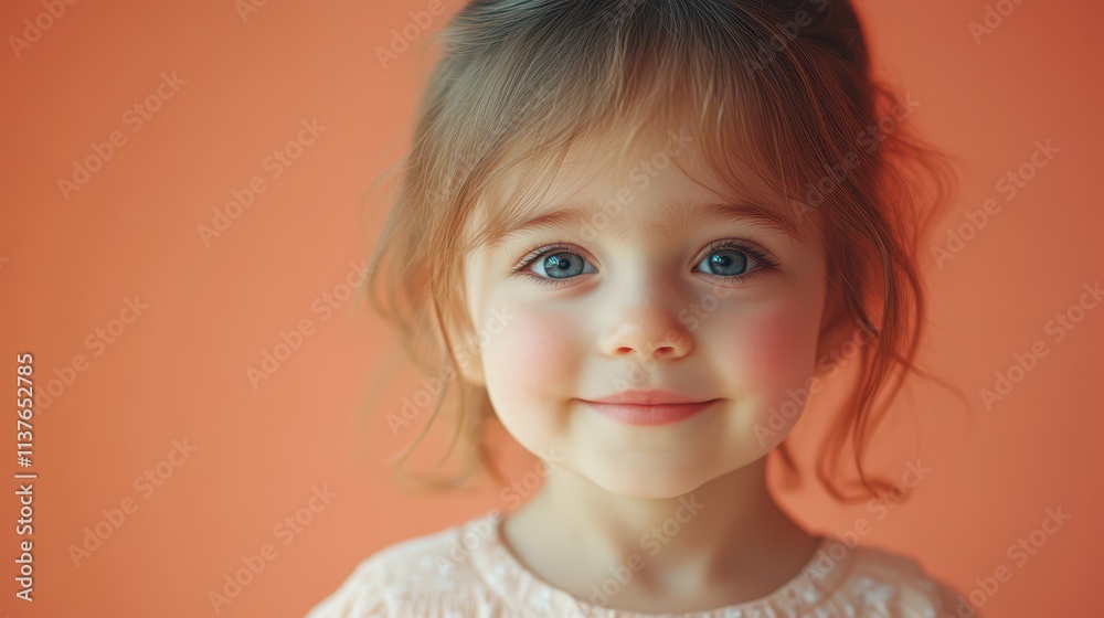 Portrait of Cute Smiling Child Girl Over Pastel Orange Background Banner with Copy Space Portrait of Cute Smiling Child Girl Over Pastel Orange Background Banner with Copy Space