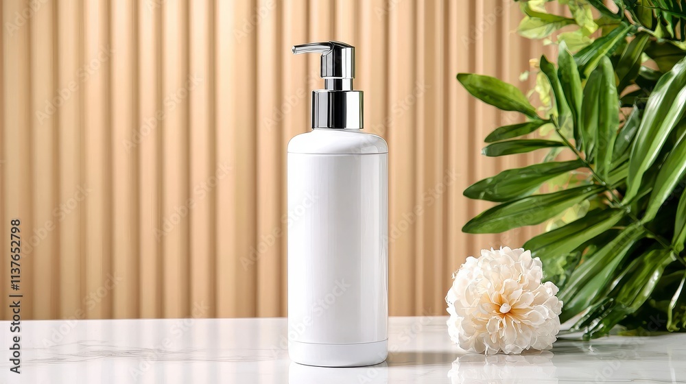 Elegant white lotion bottle on marble surface with green plants and flower modern interior minimalist design concept Elegant white lotion bottle on marble surface with green plants and flower modern interior minimalist design concept