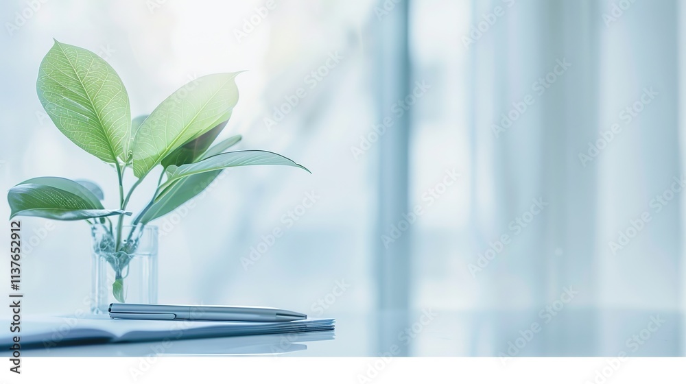 Healthy green plant on white table with small notebook and pen, symbolizing health advice and wellness tips, clean and focused image with copy space for text. Healthy green plant on white table with small notebook and pen, symbolizing health advice and wellness tips, clean and focused image with copy space for text.