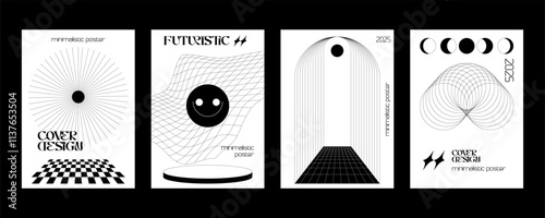 Set Of Cool Trendy Acid Rave Posters. Abstract trippy psychedelic smile. Vector illustration.	
