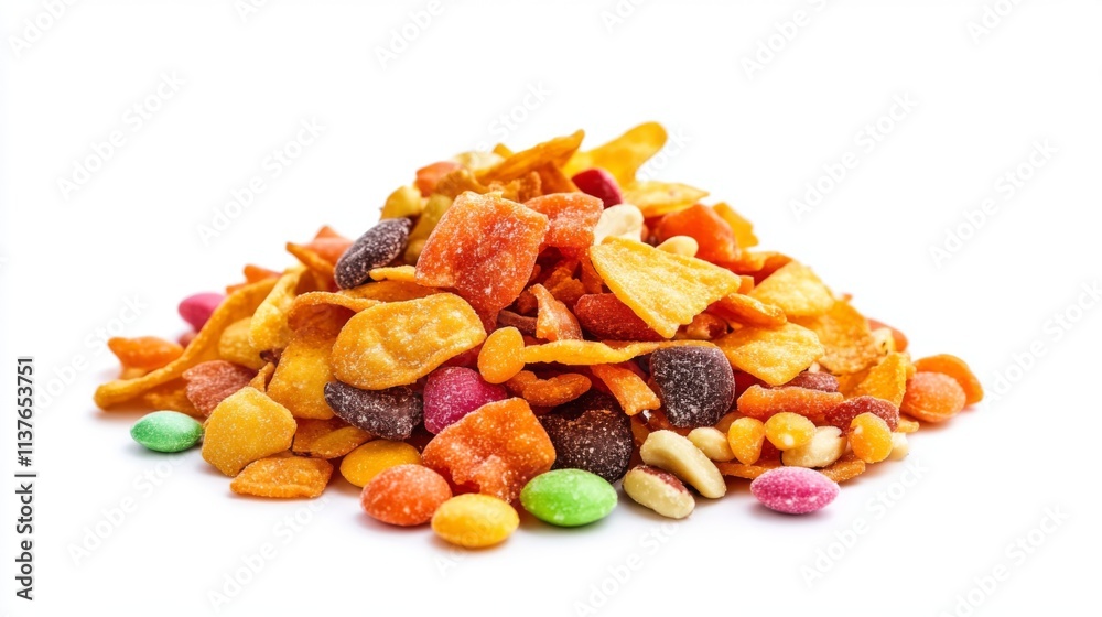 Vibrant pile of crunchy snack mix in assorted colors and shapes. A delightful treat for all ages. Perfect for parties or casual snacking. Generative AI. Vibrant pile of crunchy snack mix in assorted colors and shapes. A delightful treat for all ages. Perfect for parties or casual snacking. Generative AI.