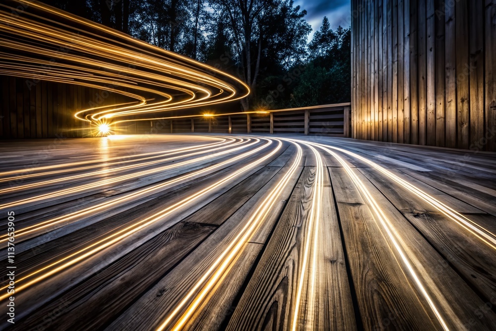 Fototapeta premium Long Exposure Light Trails on Gray Hardwood Floors - Night Photography, Abstract Light Painting, Interior Design