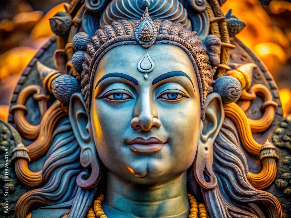 Shiva Face Sculpture, Hindu God, Religious Art, Indian Mythology, 3D Render, Rule of Thirds Composition, Detailed Closeup Shiva Face Sculpture, Hindu God, Religious Art, Indian Mythology, 3D Render, Rule of Thirds Composition, Detailed Closeup
