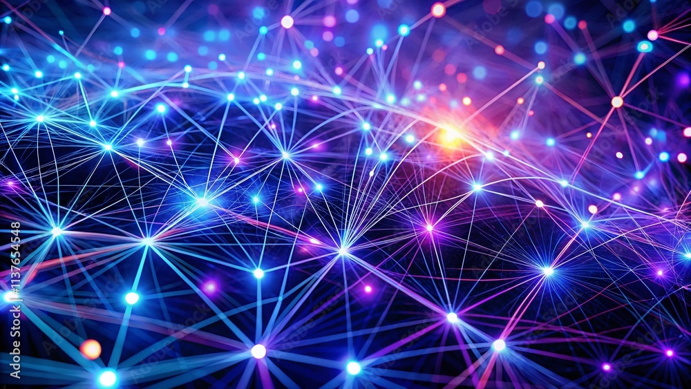Fototapeta premium Long Exposure Neural Network Visualization: Abstract AI Data Flow, Glowing Nodes, Light Trails, Network Connections, Deep Learning