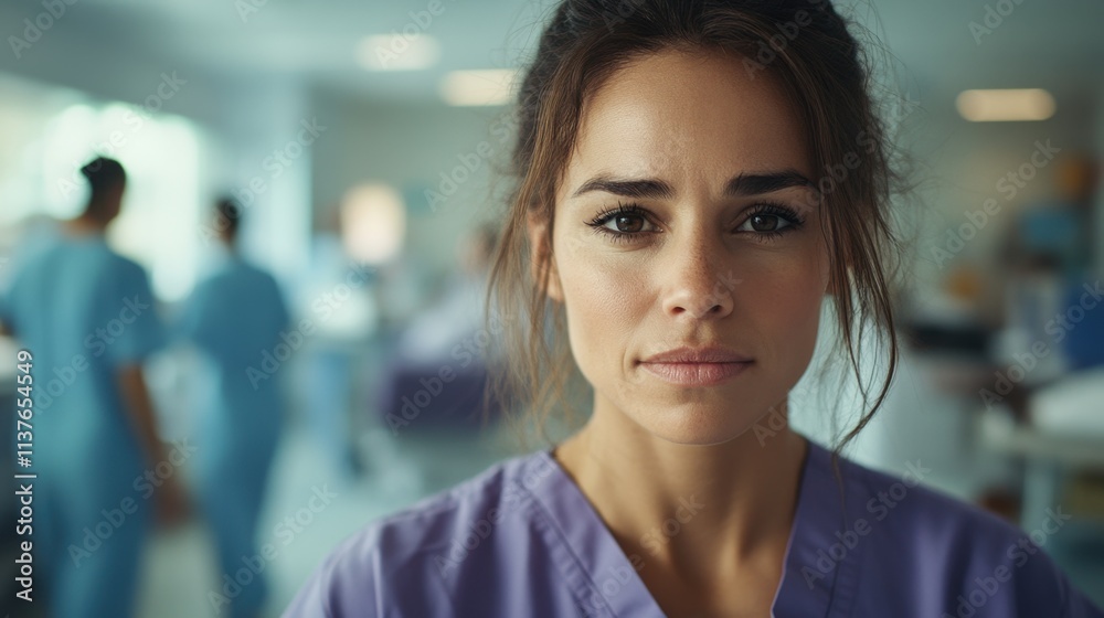Fototapeta premium Young Female Nurse Portrait in Hospital Setting with Medical Staff Background