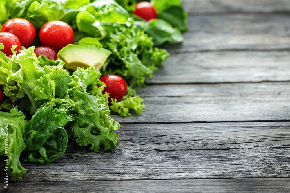 Fresh vegetables including lettuce and cherry tomatoes on a wooden surface. Fresh vegetables including lettuce and cherry tomatoes on a wooden surface.