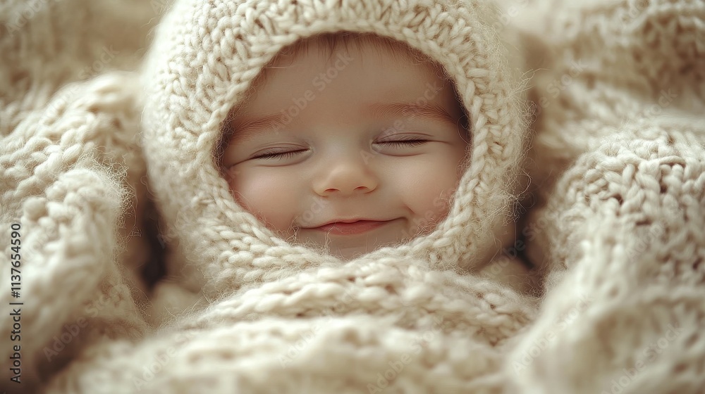 A joyful baby is smiling while comfortably bundled in a soft, handmade knitted blanket. The warm atmosphere suggests a peaceful winter day inside the home A joyful baby is smiling while comfortably bundled in a soft, handmade knitted blanket. The warm atmosphere suggests a peaceful winter day inside the home