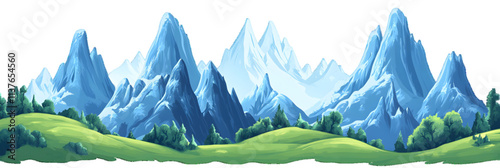Picturesque landscape with majestic mountain peaks placed on white or transparent background
