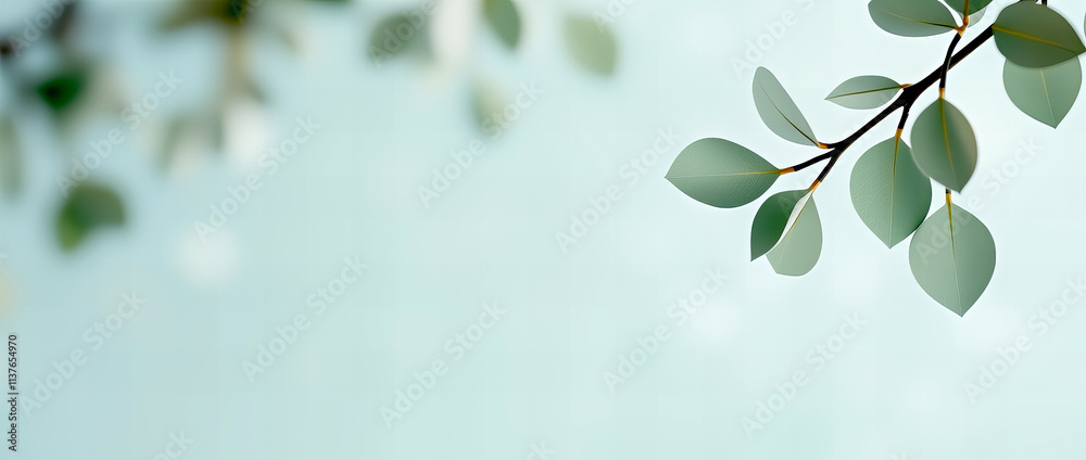 Obraz premium Green Leaves Branch Against Soft Blue Background 