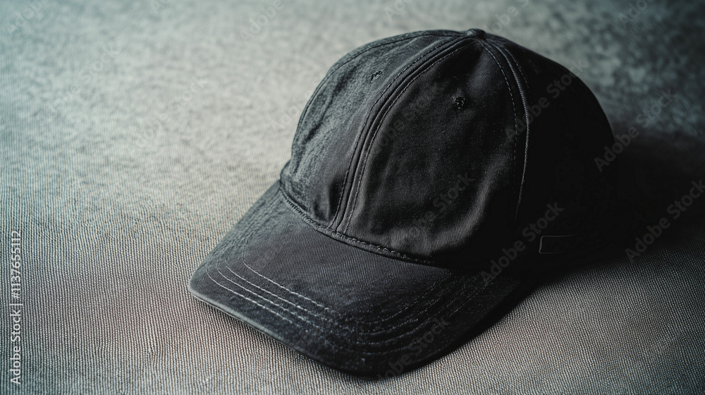 Black baseball cap resting on a textured surface with soft lighting highlighting its features