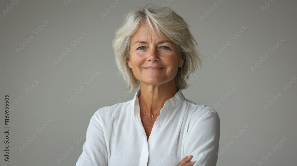 Confident Mature Woman with Short Blonde Hair in White Blouse Smiling Portrait Confident Mature Woman with Short Blonde Hair in White Blouse Smiling Portrait